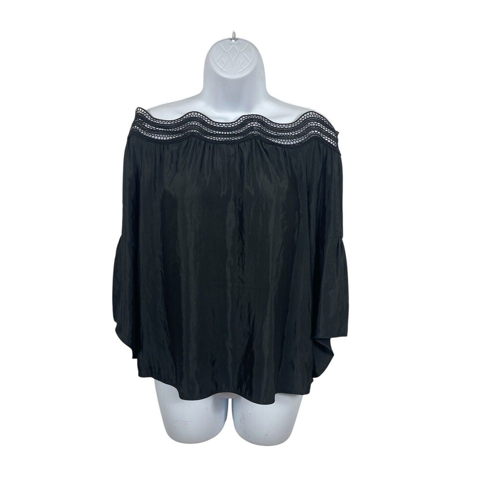 Remy Brook New York Black Off Shoulder Blouse Lace Trim Bell Sleeve Boho Top XXS